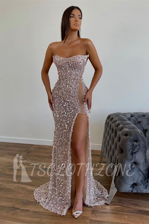 Chic Sequined Floor Length Strapless A-line Prom Dress with Front Slit