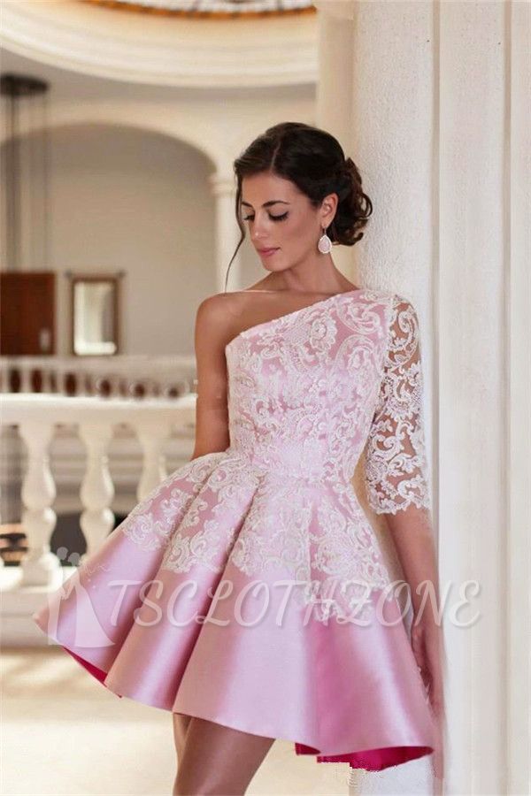 One Shoulder Half Sleeve Mini Homecoming Dress A-Line Pink Lace 2022 Cocktail Gowns