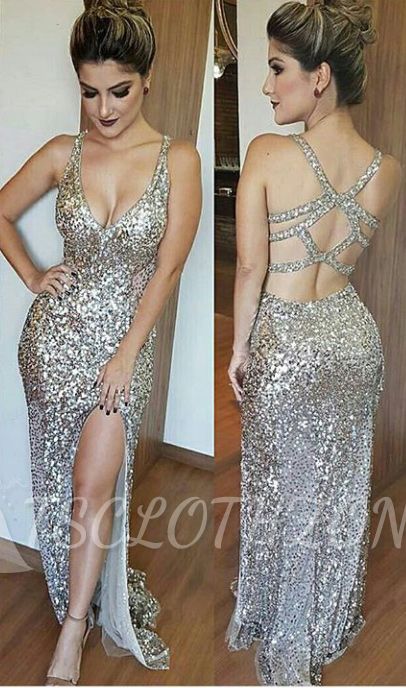 Silver Shiny Sequins Evening Dress 2022 Cheap Open Back Formal Dress with Slit