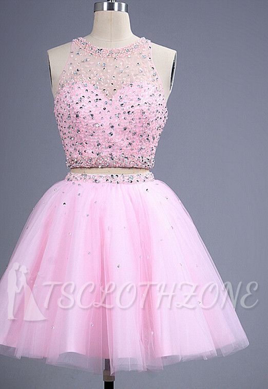 Cute Two Pieces Halter Pink Short Homecoming Dress with Beadings Open Back Mini Cocktail Dress