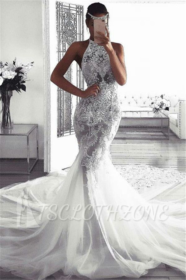 Elegant Sleeveless Halter Wedding Dresses | Sexy Mermaid Tulle Bridal Dresses