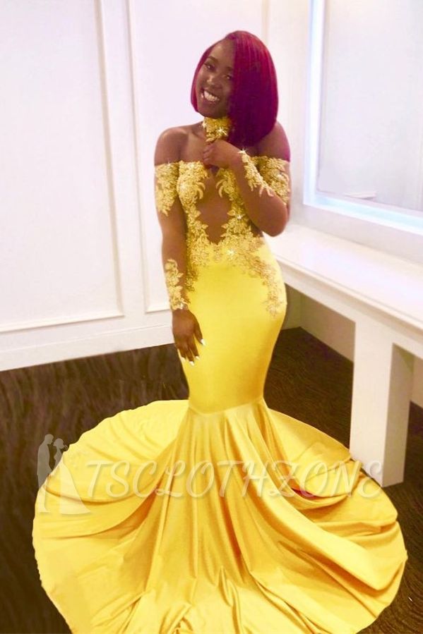 Off-the-shoulder yellow prom dress, mermaid long evening gowns