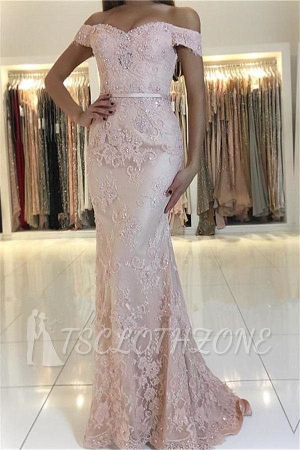 2022 Pink Off Shoulder Mermaid Prom Dresses | Cheap Lace Beaded Evening Dresses Online