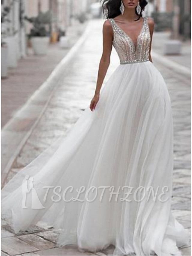 Affordable A-Line Wedding Dress V-neck Tulle Regular Straps Bridal Gowns with Sweep Train