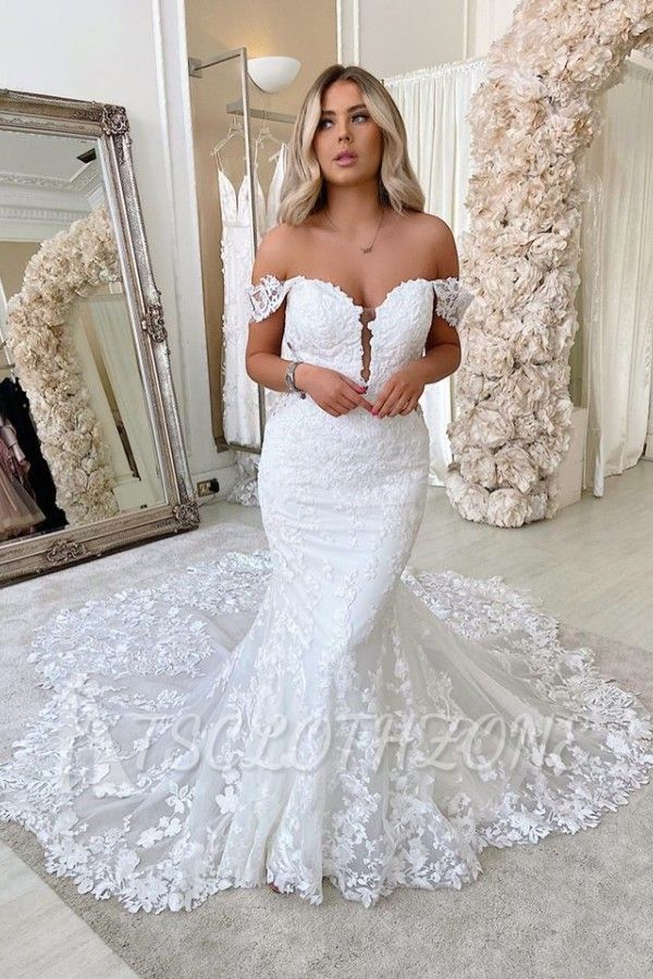 Off The Shoulder Mermaid Appliques Wedding Dresses | Lace Backless Bridal Gowns