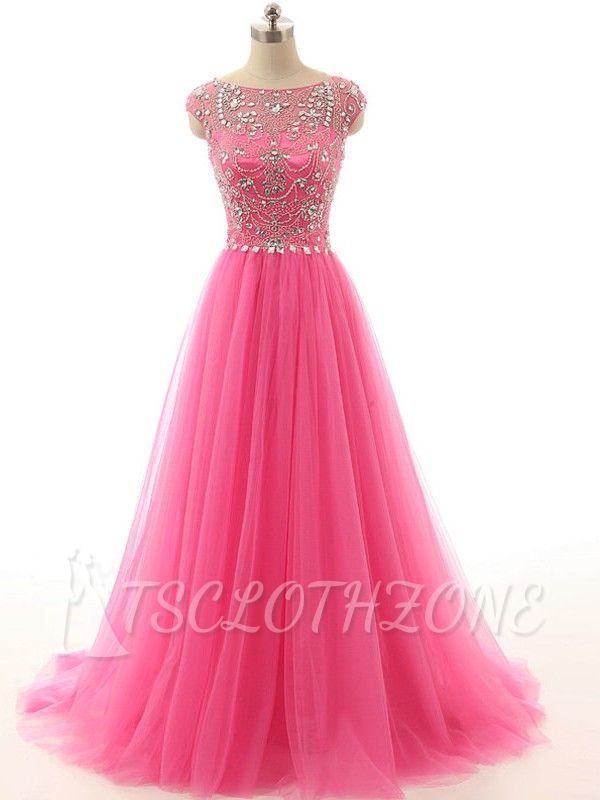 Elegant Crystal Tulle 2022 Prom Dresses A-Line Beading Sweep Train Evening Gowns