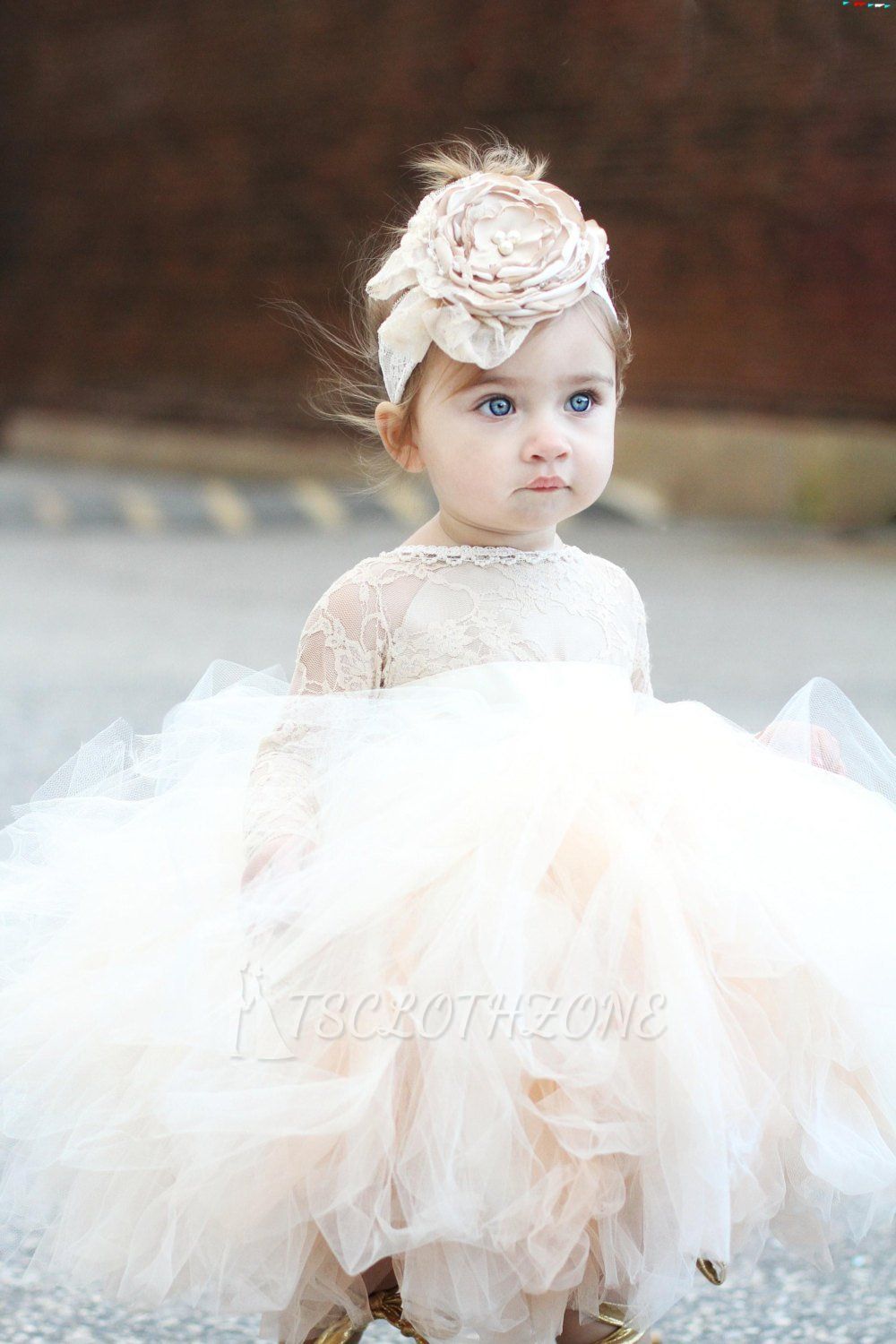 Newest Bateau Lace Puffy Flower Girl Dresses With Long Sleeves | Tea Length Girls Pageant Dress
