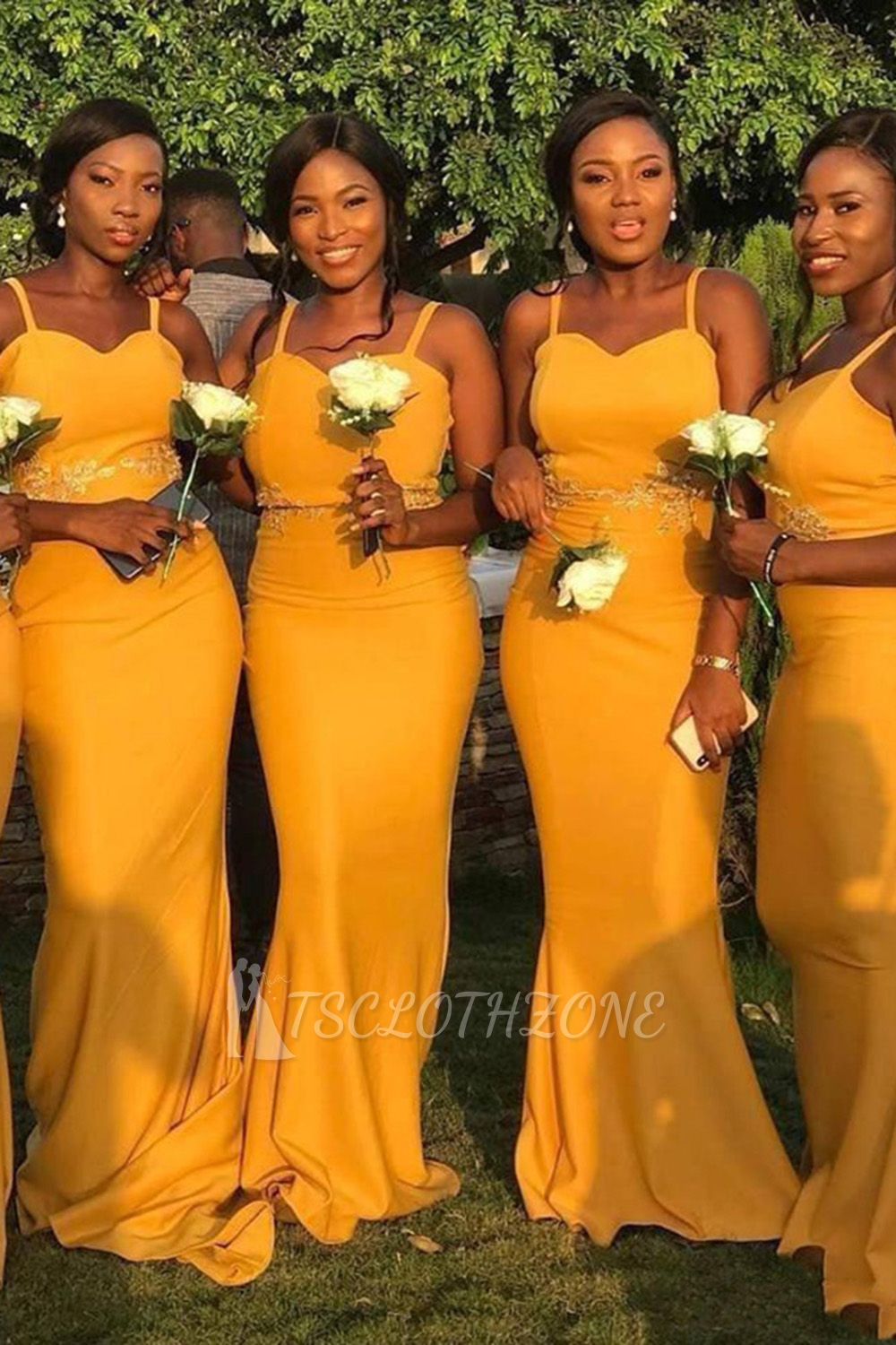 Sheath Sweetheart Neckline Spaghetti Yellow Lace Appliqued Bridesmaid Dresses | Affordable Long Court Train Wedding Party Dresses