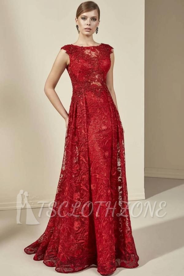 Vintage Cap Sleeves Red Floral Lace Long Evening Swing Dress