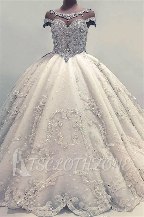 Luxuriöse Rundhalsausschnitte mit Flügelärmeln Duchesse-Kleid Kristalle Brautkleider | 2022 Applikationen, die langes Brautkleid bördeln