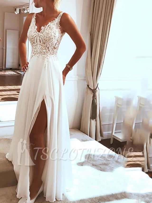 Beach Boho A-Line Wedding Dress V-Neck Spaghetti Strap Lace Chiffon Sexy Bridal Gowns Sweep Train