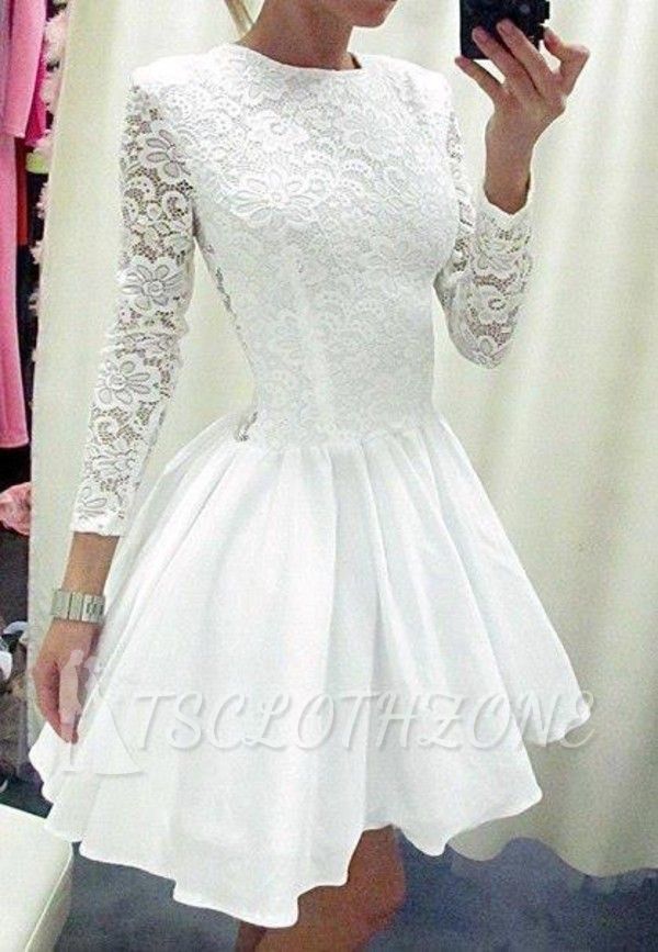 A-Line White Long Sleeve Mini Homecoming Dress Latest Formal Lace Zipper Short Dresses for Women