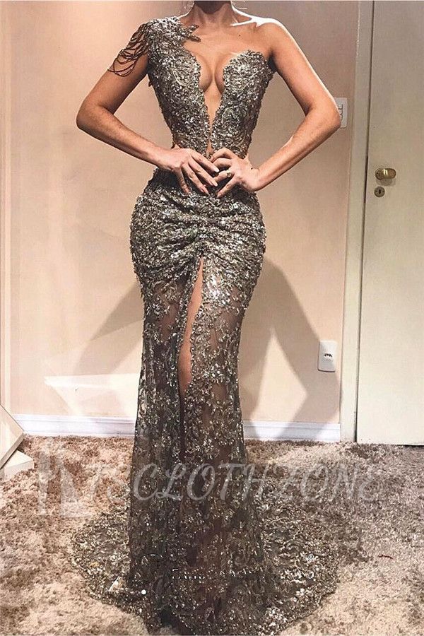 Sexy One Shoulder Front Slit Cheap Prom Dresses | See Through Beads Appliques 2022 Evening Gowns