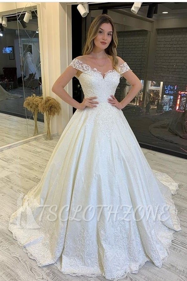 Off-the-Shoulder White/Ivory A-line Garden Bridal Dress