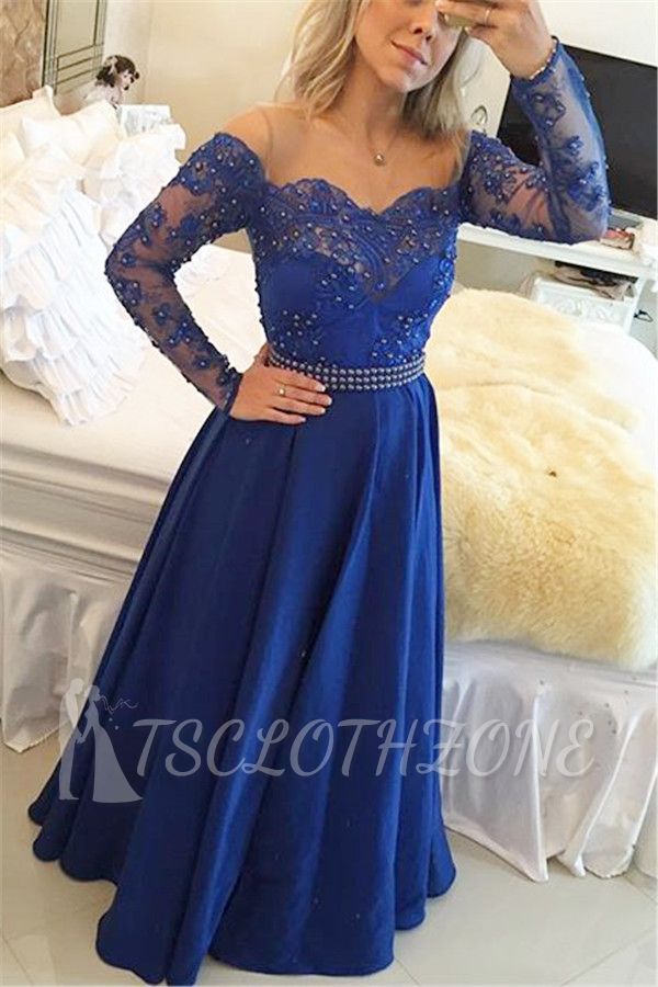 A-Line Long Sleeve Royal Blue 2022 Prom Dress New Arrival Beading Party Dresses