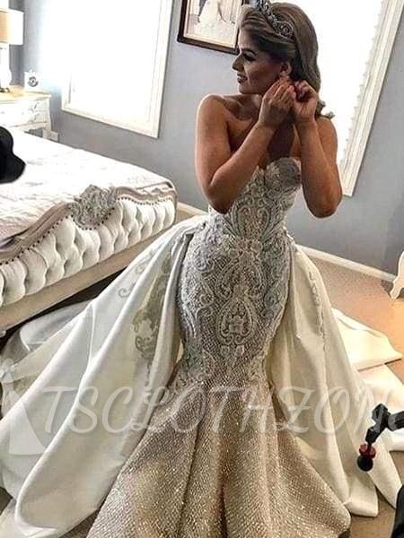 Wunderschönes trägerloses Meerjungfrau-Hochzeitskleid, Schatz, Tüll, Spitze, Überrock, Brautkleider mit Perlenstickerei