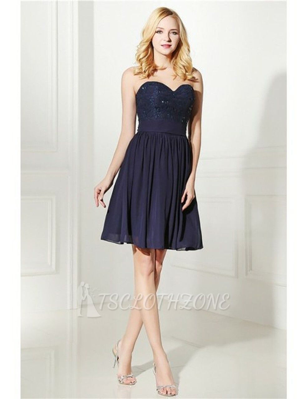 Strapless Navy Blue Lace Top Short Bridesmaid Dress