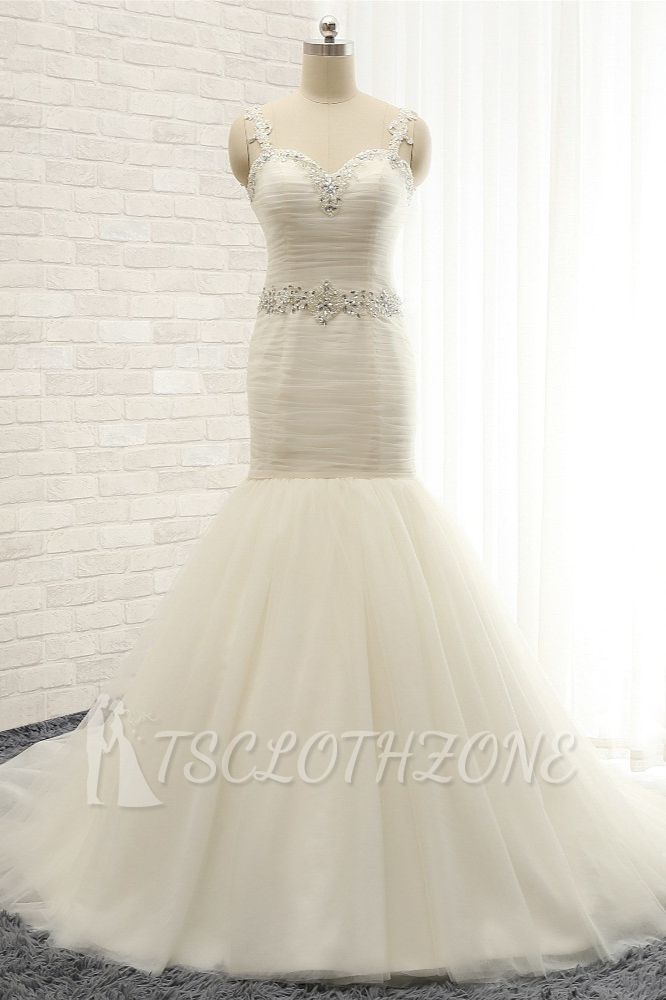 TsClothzone Unique Ivory Straps Mermaid Wedding Dresses Tulle Ruffles Sequins Bridal Gowns Online