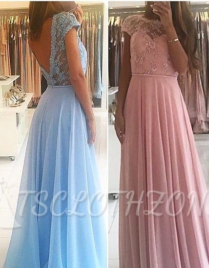 Chiffon Lace Appliques Prom Dresses 2022 Floor Length Chic A-line Short Sleeves Evening Dress