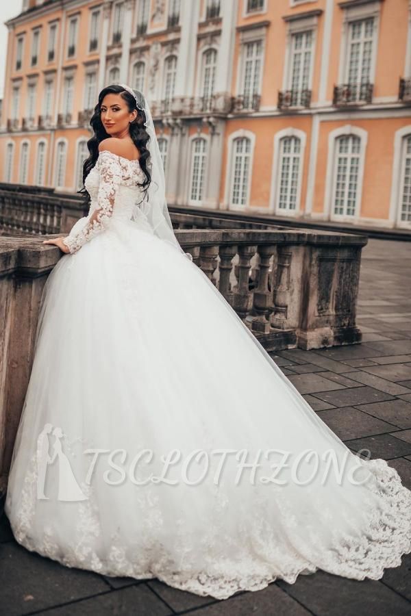 Wunderschönes weißes langärmliges Spitzen-Ballkleid Erin Tüll-Hochzeitskleid mit Blumenmuster