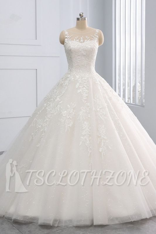 TsClothzone Affordable Ball Gown Jewel Tulle Lace Wedding Dress Ruffles Sleeveless Appliques Bridal Gowns Online