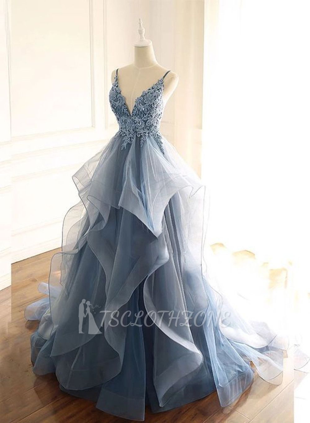 Gray Evening Dresses  Tulle V Neck Ruffles Long Spaghetti Lace Beading Prom Dress