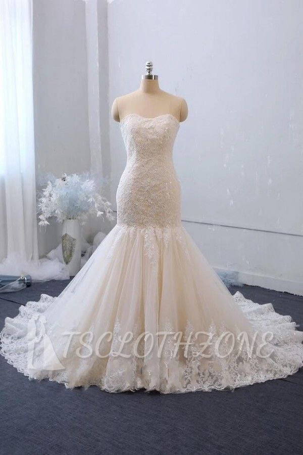 Glamorous Strapless White/Ivory Lace Tulle Mermaid Bridal Gown with Sweep Train