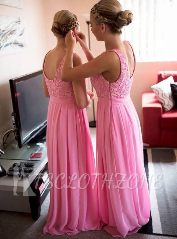 Cheap Pink Lace Long Bridesmaid Dress Popular Chiffon Floor Length Dresses for Wedding