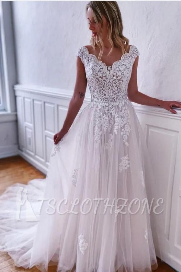 Boho White A Line Lace Wedding Dresses Vintage Wedding Gowns