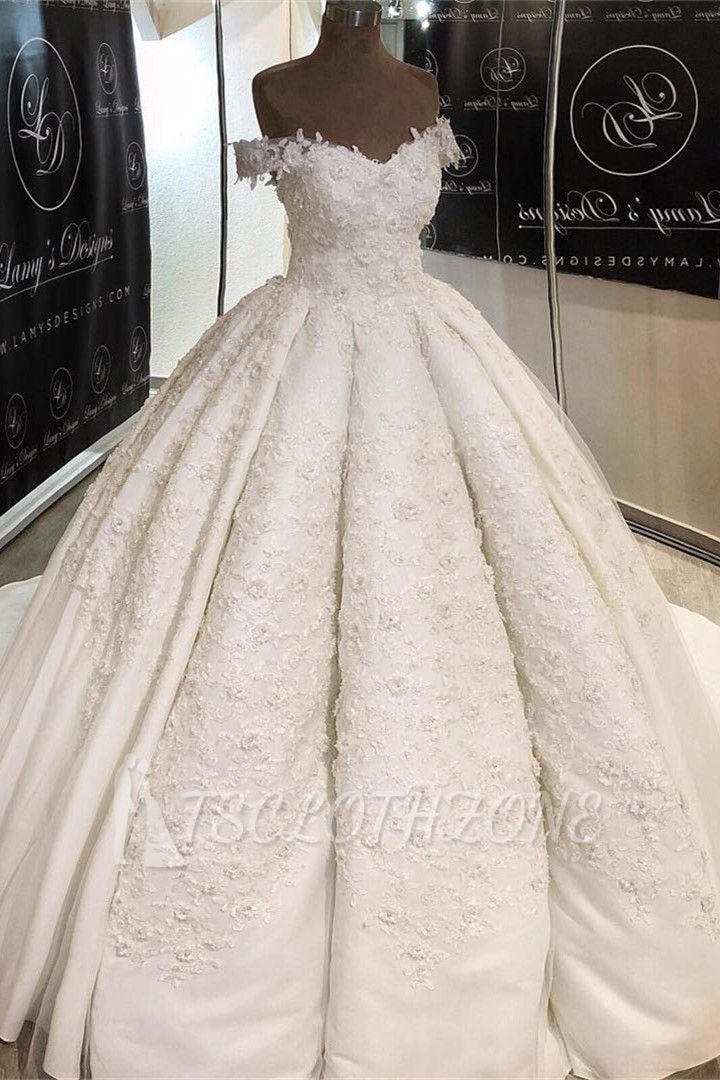 TsClothzone Chic Off-the-shoulder A-line White Wedding Dresses Satin Ruffles Lace Bridal Gowns With Appliques Online