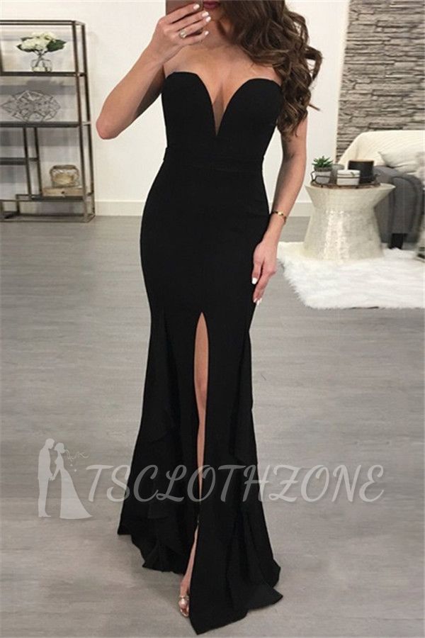 Simple Black Sweetheart Sexy Prom Dresses 2022 | Front Split Mermaid Cheap Evening Dress
