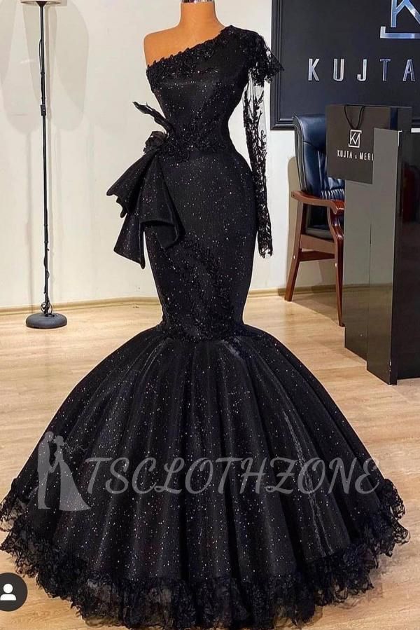 Atemberaubendes schwarzes Glitzer-Meerjungfrau-Abschlussballkleid mit langen Ärmeln und floraler Spitze, schmal geschnittenes Partykleid