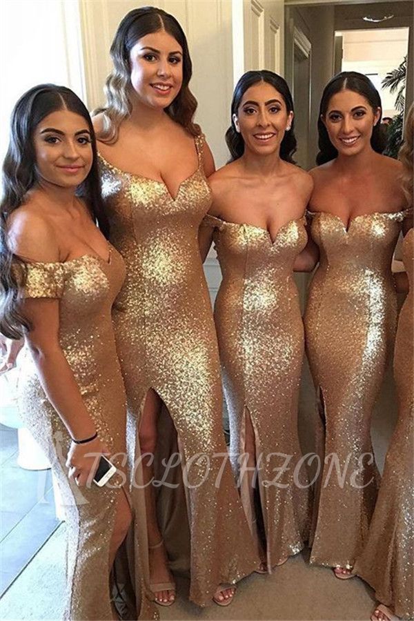 Sexy Gold Pailletten lange Brautjungfernkleider | 2022 Günstiges Brautjungfernkleid mit Seitenschlitz