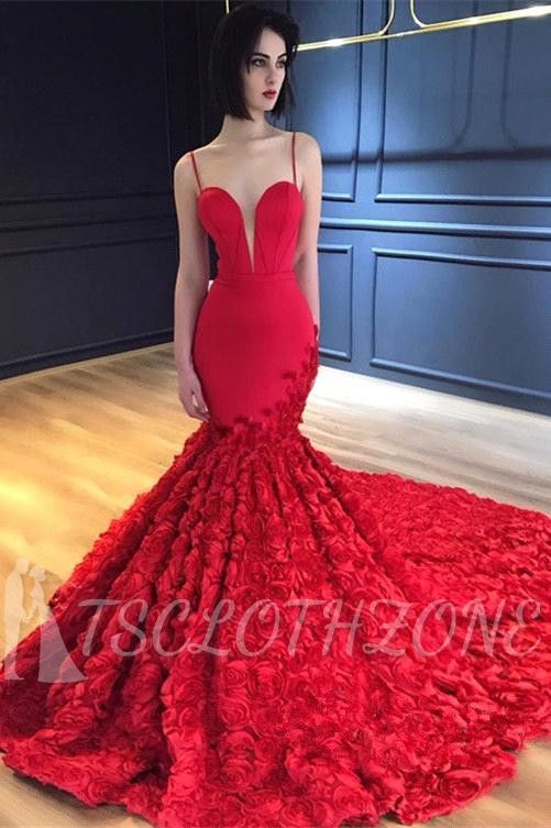 Luxus Rote Blumen Mermaid Wunderschöne Ballkleider 2022 | Sexy Spaghettiträger Rückenfreies Abendkleid