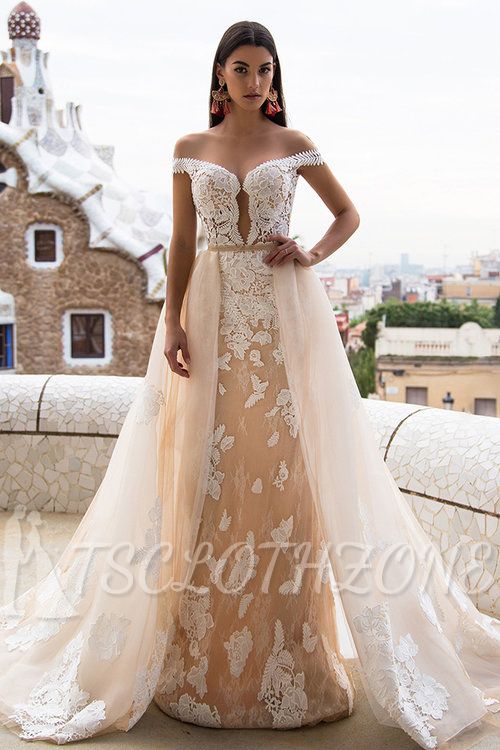 Wunderschöne Off the Shoulder Princess Brautkleider | 2022 Lace Overskirt Wedding Dress abnehmbarer Zug