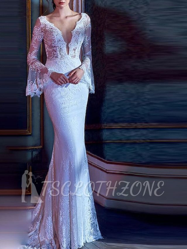 Mermaid Wedding Dress V-Neck Lace Tulle Long Sleeve Bridal Gowns Court Train