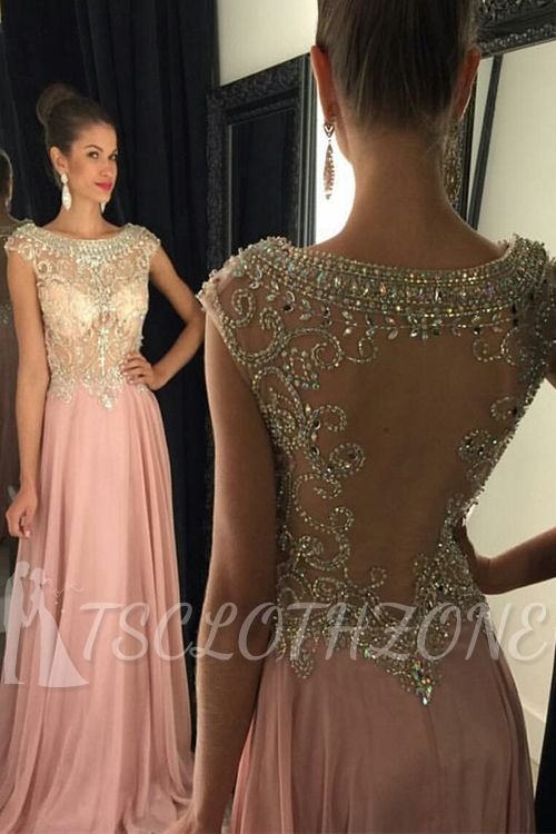 Jewel Pink Chiffon Prom Dress 2022 With Rhinestone Popular Long Evening Dresses