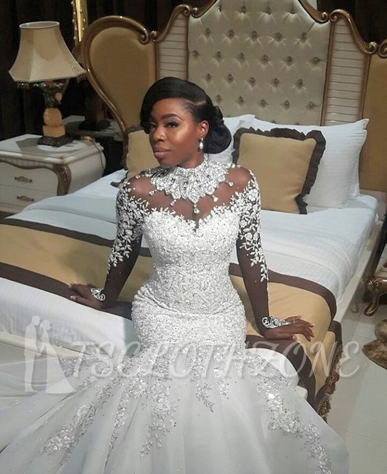 Gorgeous Beads Lace Appliques High Neck Wedding Dress | Mermaid Bridal Dress