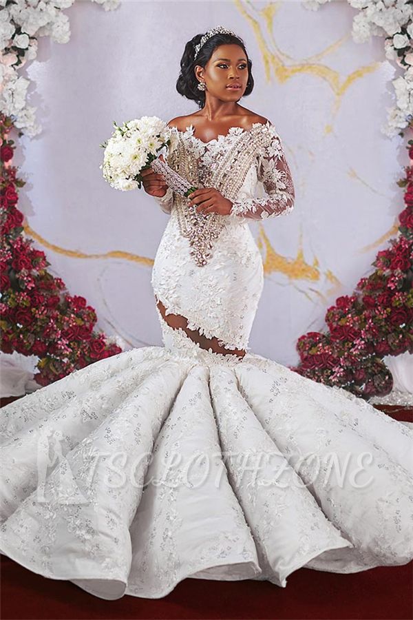 Luxurious Off-the-shoulder Long Sleeves Mermaid Ruffles Appliqued Beading Wedding Dresses