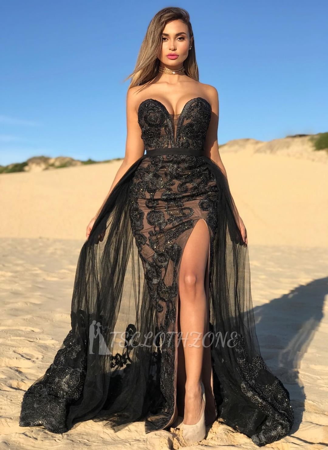 2022 Sexy Black Sweetheart Ballkleider | Perlen Side Slit Overskirt Günstige Abendkleid