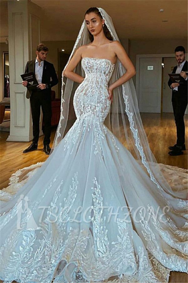 Sexy Strapless Mermaid Puffy Appliques Bridal Wedding Gowns