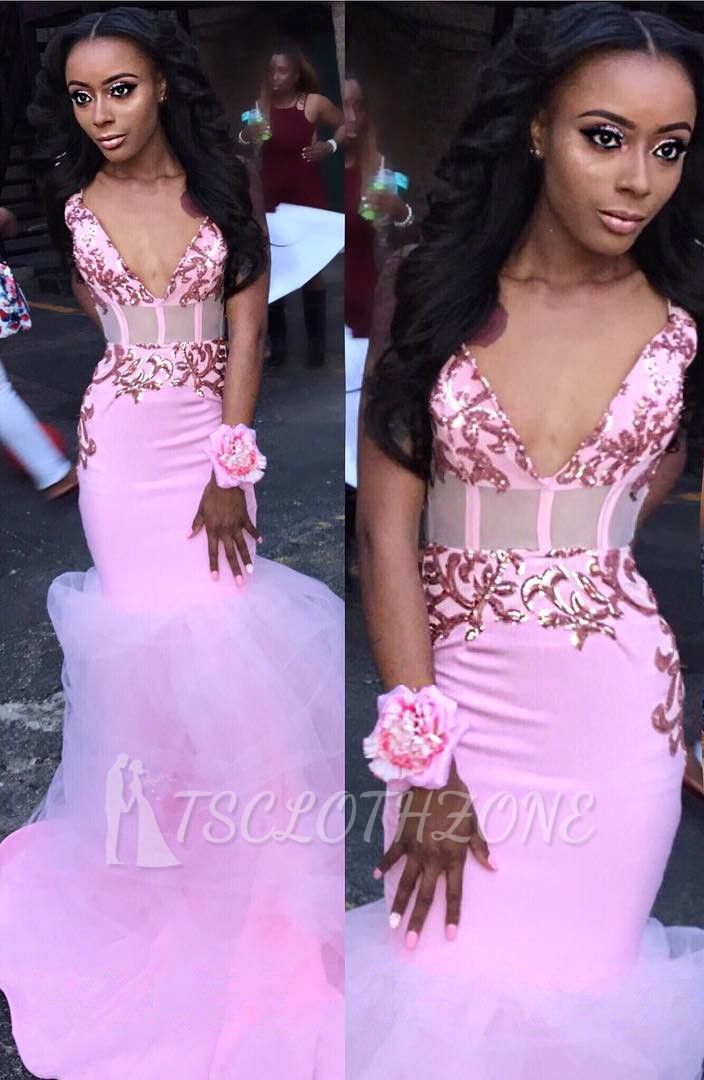 Spaghetti Straps Sexy V-neck Pink Prom Dresses | Tulle Mermaid Appliques Cheap Evening Gowns Online