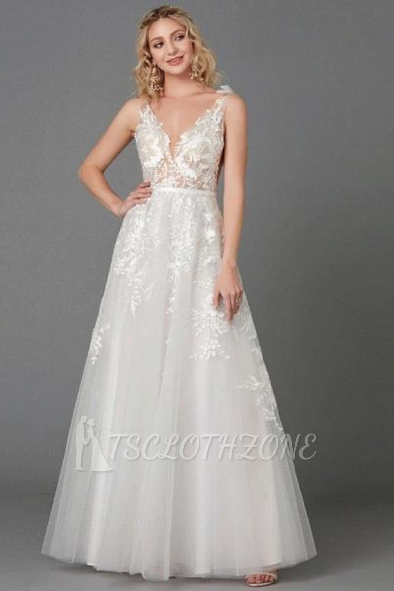 A-Line Wedding Dresses Plunging Neck Floor Length Lace Tulle Sleeveless See-Through