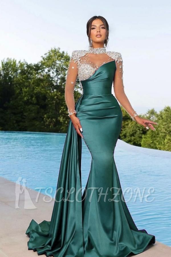 Designer evening dresses long green | Prom dresses with sleeves