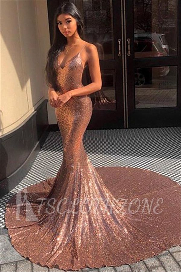 Gorgeous Spaghetti-Straps Sequins Mermaid Prom Dress