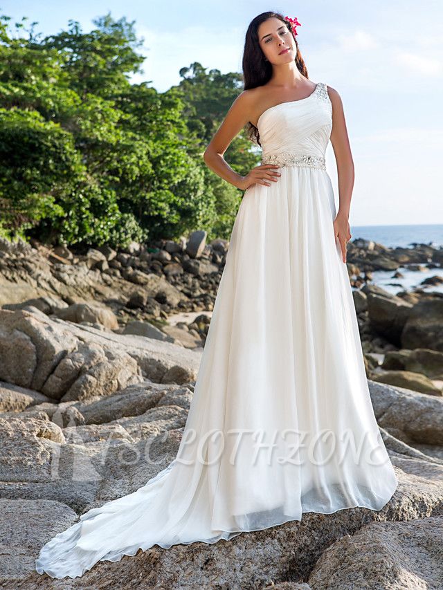 Beach Sparkle A-Line Wedding Dress One Shoulder Chiffon Straps Bridal Gowns Court Train