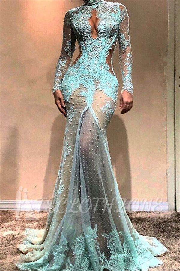 Glamouröse Abendkleider mit langen Ärmeln im Meerjungfrau-Stil | 2022 High Neck Sheer Applikationen Ballkleider