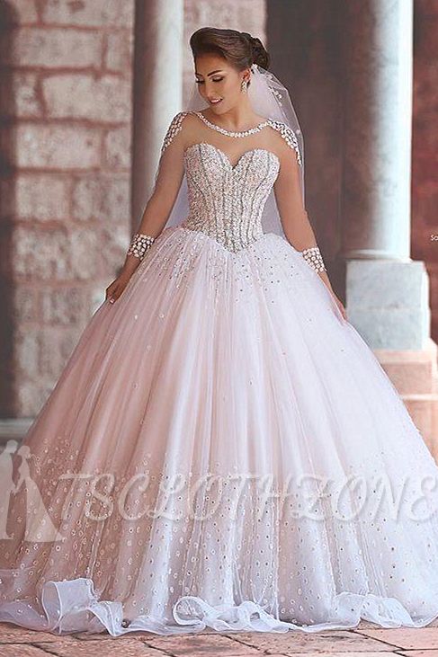 Luxurious Long Sleeve Sheer Tulle Wedding Dresses 2022 Beadings Ball Gown Bridal Dresses