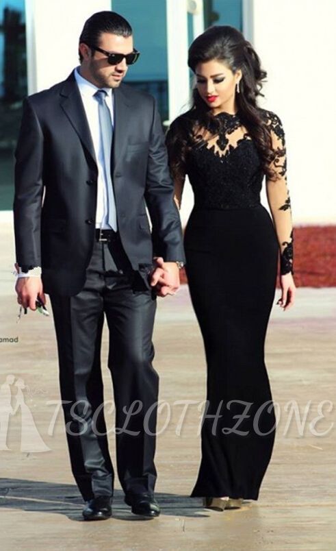 Langarm-Abendkleid mit hohem Kragen aus Spitze Elegantes langes schwarzes 2022-Abschlussballkleid