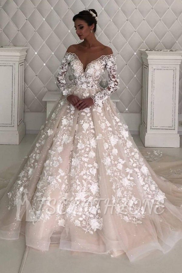 Long sleeves A-line Lace Designer wedding dresses with sleeves